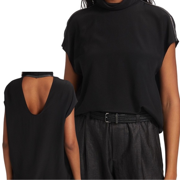 Brunello Cucinelli Draped Silk Mock Neck Blouse - Picture 1 of 12